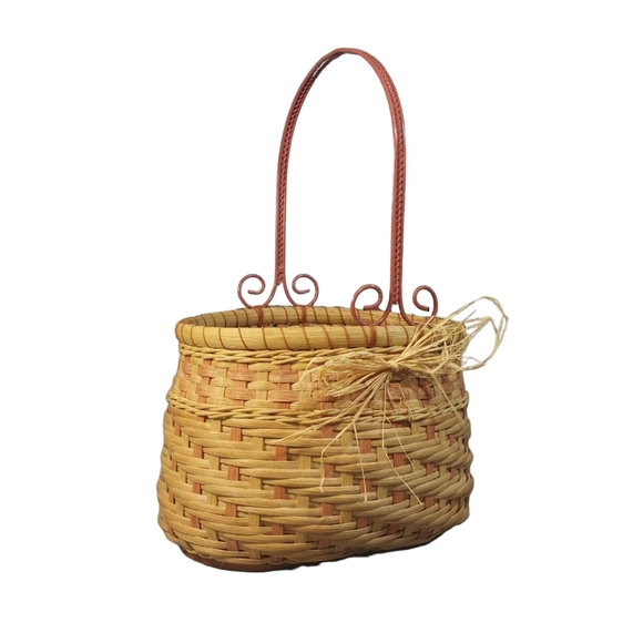 Handmade Woven Wicker Basket w/Wood Bottom Metal-Handle Berry-Picking Prairie - Picture 1 of 7